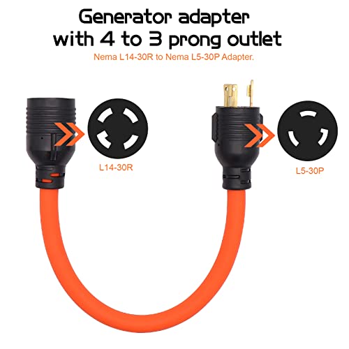 4 Prong to 3 Prong Generator Plug Adapter Cord, Nema L5-30P Generator Male to Nema L14-30R Transfer Switch Female,30Amp STW 10AWG 1.6FT by Ruikarhop - Image 2
