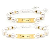 Malihome Personalized Mother Daughter Pearl Bracelet Set, Stainless Steel Custom Engraved Matching Jewelry, Adjustable 6.3-9.5 Inches, White and Gold (Pearl Bracelet Set)
