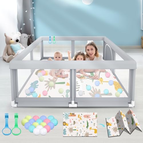Image of Fshibila 50" ×50" Baby Playpen with Mat, Baby Playard for Babies and Toddlers, Play Pens for Indoor & Outdoor, Sturdy Safety Play Yard with Soft Breathable Mesh, Anti-Fall, Ball x 18, Handle x 2, Grey