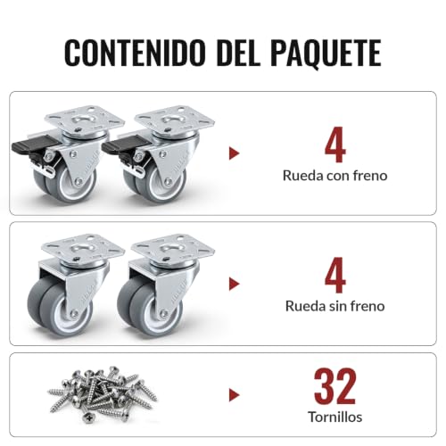 Miniatura 7 de Ruedas Para Cargas Pesadas De 50 Mm Ruedas Para Muebles De Alta Resistencia Con Frenos De Seguridad: Capacidad De Carga Máxima De 800 Kg 4 Con Freno, 4 Sin Freno .