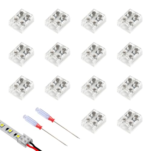 12 Pièces 10 mm Sans Soudure pour Bandes LED, Connecteur Câblé pour Ruban LED 12/24V DC, Connecteurs de Bande à 2 Broches pour LED SMD 5050, 3528 et COB, avec Tournevis Inclus, pour 14AWG-20AWG