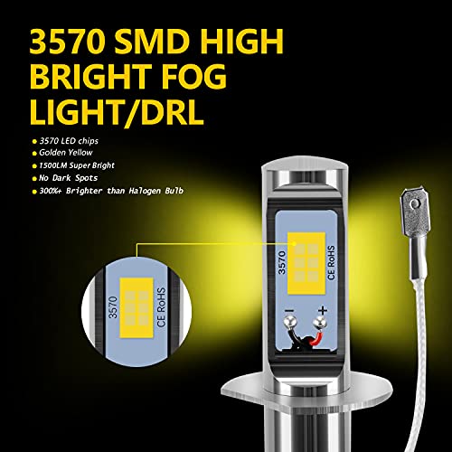 Auxlight H1 Led Fog Light Drl Bulbs, 3000 Lumens Extremely Bright Bulbs Replacement For Cars, Trucks, Golden Yellow #TOP4