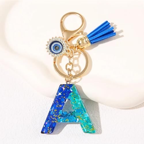 riKRishnaya Artworks Personalized Handmade Resin Alphabet Keychain in Multiple Designs available | For Men & Women | For Bike Wallet Purse Backpack Gift (A, Blue Green Glitter)