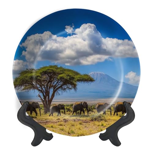 Decorative Plates for Display African elephants walking Savannah Mount Kilimanjaro Gift Plates Ceramic Collections Plates Hanging Artwork for Living Dining Room Kitchen Souvenir