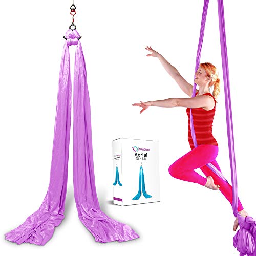 TURBONICE Aerial Silk Cloths-5 Meters 5.5 Yards Silk-Trapeze Yoga Set-Daisy Chain Clips-Carabiners-Swivel-Figure 8 Descender-Indoor Outdoor-11 Colors (Light Purple)