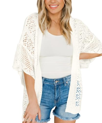 Saodimallsu Womens 3/4 Sleeve Lightweight Crochet Summer Cardigans White