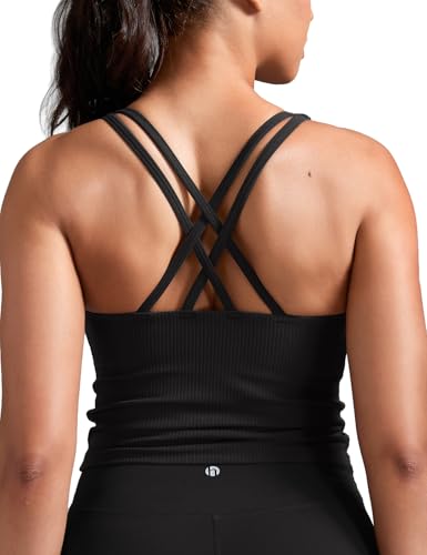 Image of HeyNuts Zeal Bras Longline Ribbed Medium Support Sports Bras, Crisscross Back Tank Tops with Removable Pads A-D Cups