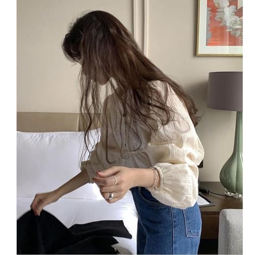 Korean Version of Women's Shirt, Women's Sweet Round Neck Pleated Small lace top, Women's Long Sleeved Shirt top4