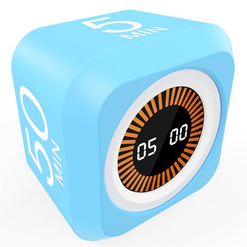 Image of Rotating Pomodoro Cube Visual Timer 5, 25, 10 50 Minutes Preset, Rechargeable Desk Productivity Flip Timer w /Silicone Cover Custom Countdown, Silent Mode for ADHD, Study, Work, School(Blue)
