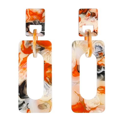 Acrylic Square Dangle Earrings with Orange Floral Pattern (Orange)