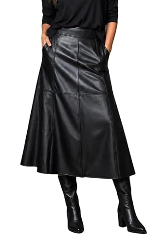 CHARTOU Women Faux Leather Midi Skirt High Waist Vegan Leather Flared Skirt with Pockets (XX-Large, Black)