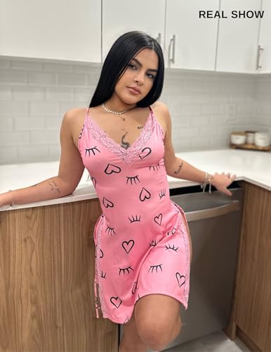Image of Avidlove Women's Lingerie Sexy Nightgown Milk Silk Sleepwear Lace Babydoll Chemise Side Slit Nightie with Thong