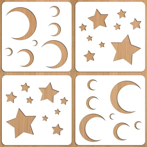 4 plantillas de plástico pequeñas de luna y estrella, plantillas de luna y estrella para pintar paredes de tela, plantilla de dibujo, plantilla de dibujo repetible para diario, plantillas para