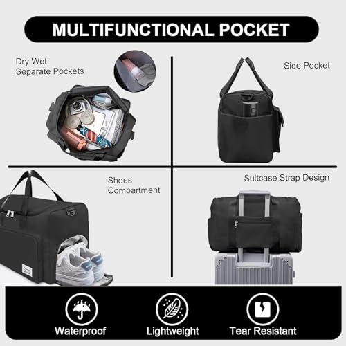 Image of Suruid Gym Bag with Shoe Compartment, Sports Duffle Bag for Women, Black Gym Bag&toiletry Bag, 19.68 x 11.02 x 11.02 inches, Sporty-functional | Dry Wet Separation Pouch, For Men and Women, Overnight Weekender Training Handbag Yoga Bag
