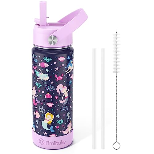 Fimibuke Kids Insulated Water Bottle, 18oz BPA FREE 18/8 Stainless Steel Kids Cup with Straw Travel Tumbler Double Wall Vacuum Leak Proof Toddler Water Bottle for School Boys Girls(1 Pack, Mermaid)