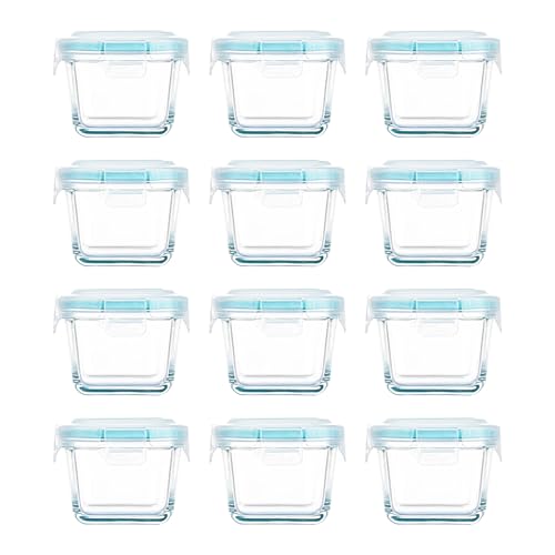 Mini recipientes de vidrio para almacenamiento de alimentos, paquete de 12 tarros de vidrio pequeños de 5.5 onzas con tapas de bloqueo, recipientes cuadrados para alimentos, aptos para microondas y