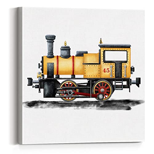 Watercolor Train Print Steam Locomotive Paintings Canvas Wall Art 12X12 Transportation Locomotive Poster Canvas Nursery Artwork Ready To Hang Home Playroom Decor (Yellow) #TOP22