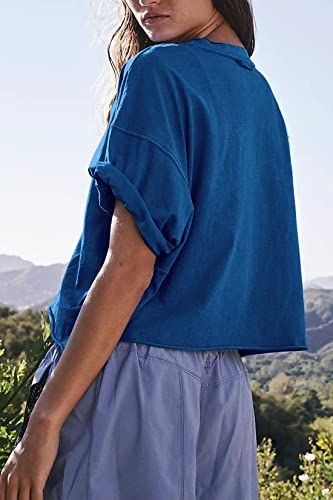 Image of HUGOOME Womens Oversized Workout Crop Top Casual Short Sleeve Boxy Roll Hem | Basic Half Split Sleeve Drop Shoulder Loose Yoga Running Gym Tee Cropped T-shirt Solid Trendy Relaxed Daily Tee