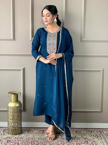 Image of Shiv Textiles Women's Chanderi Silk Embroidered Kurta Pant Dupatta Set(JDA-Lilly-RAMA-XL)
