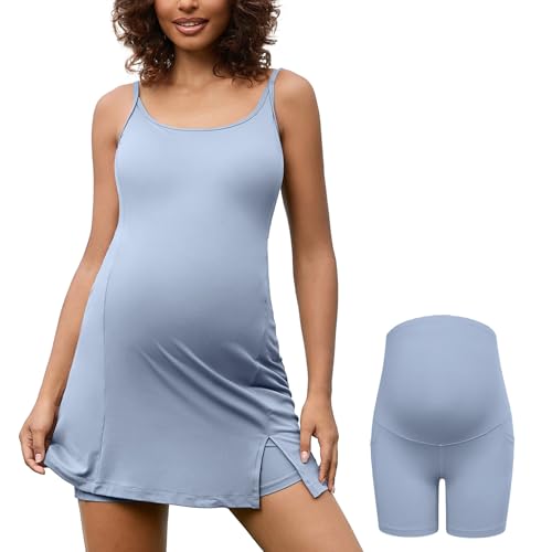 Bhome Vestido de verano sin mangas para tenis, golf y maternidad, con brasier integrado y bolsillos para pantalones cortos, Azul/claro, M