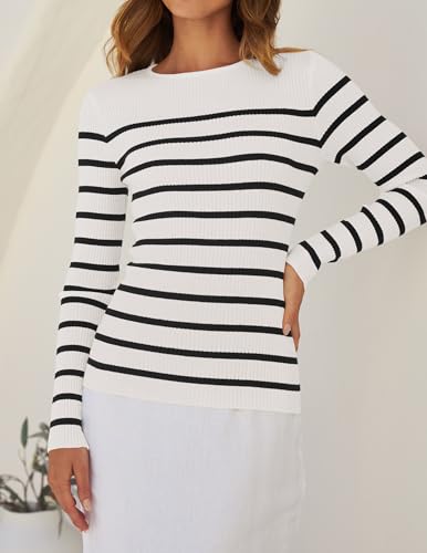 ZESICA Women's Long Sleeve Crewneck Striped Shirts Spring Ribbed Knit Sweater Slim Fitted Casual Basic Tee Tops2