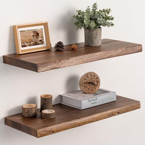Image of 24 inch Live Edge Floating Shelves Set of 2, Solid Elm Wood, Vintage