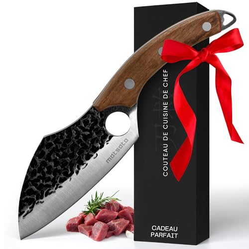 Matsato Couteau de Chef Professionnel – Couteau de Cuisine en Acier Inoxydable avec Poignée en Bois Ergonomique, Design avec Trou pour le Doigt, Idéal pour Découpe Viande, Légumes, Fruits et Poisson