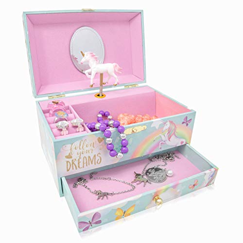 Unicorn Musical Jewelry Box for Girls - Unicorn Jewelry Set Included - 3 Unicorns Gifts for Girls makes ideal Unicorn Bedroom Decor or Birthday Gifts for Girls