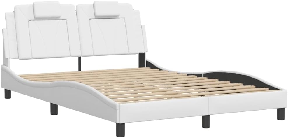 Bed Frame Viana with LED Lights White Faux Leather Platform Foundation 53.9"x74.8" Sturdy Slatted Heavy-Duty Headboard Modern Bedroom Furniture
