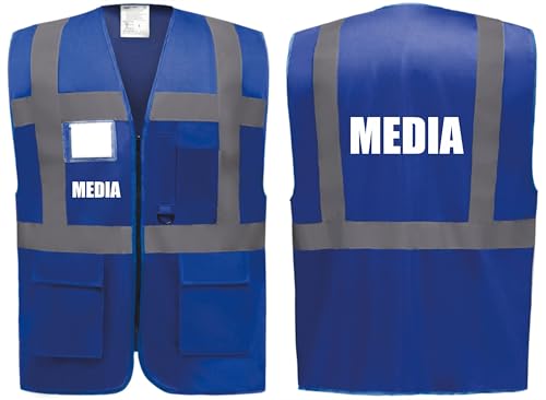 Media Superior Zipped Hi Vis Vest High Visibility Safety Waistcoat Pockets Reflective Bands Event Staff, Event Support, 12 Colour Options, Brook Hi Vis (Blue, Large)