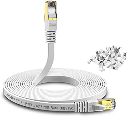 KASIMO CAT 8 Lan Kabel 20meter Flach 40 Gbits / 2000MHz – Netzwerkkabel Cat 8 Gigabit - Ethernet Kabel mit vergoldetem RJ45 Patchkabel Weiß