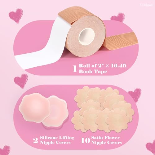 Boob Tape Kit -Boobtape for Breast Lift with Petals and Covers, Breathable Sticky Adhesive Bra Tape, Push Up Boobytape for Breast Lift, Breast Tape Suitable for Large Breasts A-G Cup Beige2