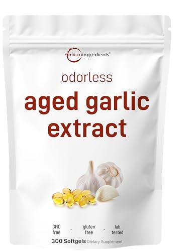 Micro Ingredients Odorless Garlic, 300 Softgels | 2 Years Aged Garlic Extract | Grown Allium Sativum Bulb | Natural Herbal Supplements | Non-GMO, Gluten Free