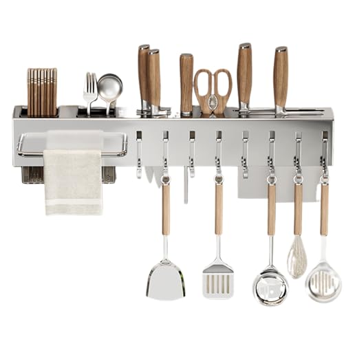 Générique Kitchen Utensil Holder – 50cm Adhesive Kitchen Rail With Hooks | Space Efficient Wall Mount Cooking Tool Holders, Stainless Steel Dangling Utensil Holder For Home, Bathroom, Living Room