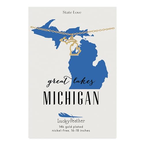 Lucky Feather Michigan State Shaped Necklace | 14k Gold-Dipped Pendant Necklace | Easter Basket Stuffer| State Love Fashion Jewelry For Women | Dainty Necklace For Women | Great Gift Idea