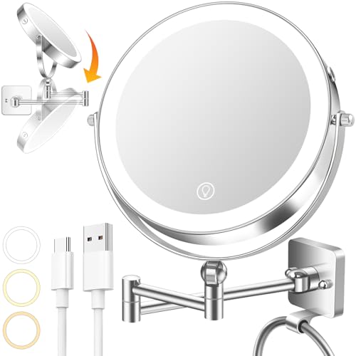 10x Large Wall Mounted Makeup Mirrror, Height Adjustable Lighted Mirror, 8' Double Sided Mirror...