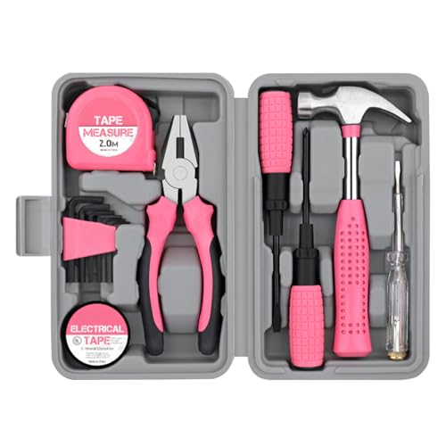 Juego de llaves de trinquete, kit de reparación del hogar, combinación de herramientas de mano mixtas, martillo duradero y llave Allen, bolígrafo de prueba, cinta eléctrica, kit de herramientas rosa