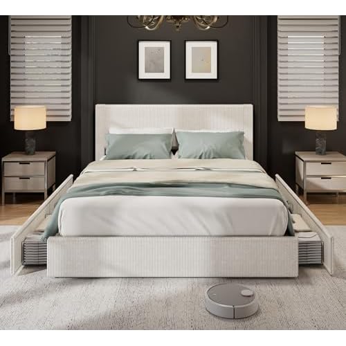GarveeHome Bed Frame, King Size Platform Bed with 4 Storage Drawers, Upholstered Corduroy Channel Tufted Headboard Bed Frame with Strong Wooden Slat S