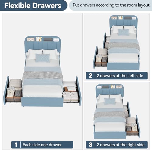 GarveeHome Twin Bed Frame with Storage Headboard, Kids Bed Frame with 2 Drawers, Boucle Upholstered Platform Bed with Bookcase, No Box Spring Needed, Easy Assembly, Blue