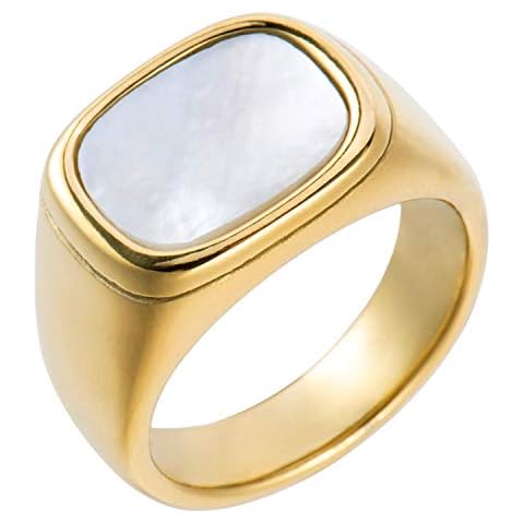 Aurelia Mae 18K Gold Plated Chunky Mother of Pearl Gold Ring Womens Gold Square Signet Ring Large Statement Ring Cover