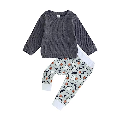 Newborn Baby Boy Girl Halloween Outfit Long Sleeve Waffle Knit Sweatshirt Top Pumpkin Ghost Print Pants 2Pcs Set