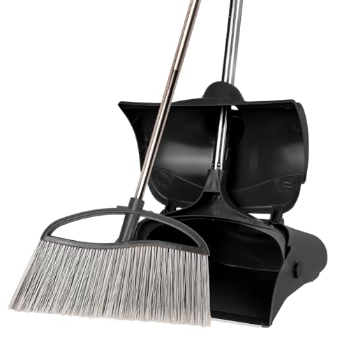 GLOYY Long Handled Broom and Dustpan Set Commercial Sweep Set and Lobby Broom Upright Grips Sweep Set with Broom, Adjustable Height，Black