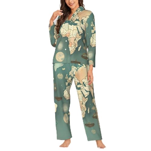 Ensemble pyjama rétro femme chic noir à motif carte du monde vêtement de nuit boutonné haut de gamme