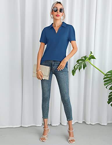 Zhenwei Womens Polo T-Shirts Short Sleeve Stretch Tunic Tops Loose Casual V Neck Collared Blouse,Blue,M #TOP6