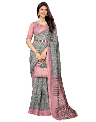 Photo de BishtHub Fashion Sari Contemporain En Soie Kalamkari Pour Femme, Style Décontracté, Avec Chemisier Non Cousu -(PRITAM GREY)