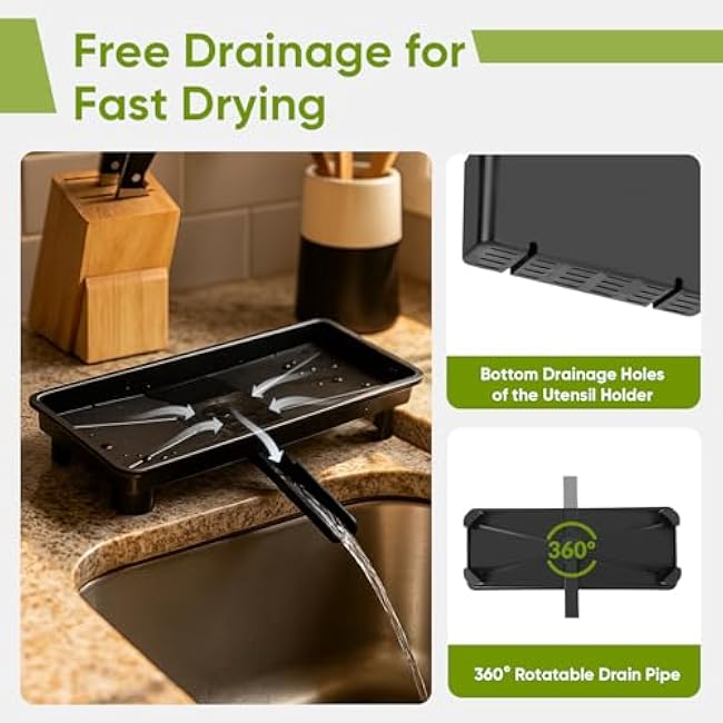 VUSIGN Dish Drying Rack with Drainboard, Dish Drainer Extendable Spout Strainers with Removable Utensil Holder, Adjustable Pot Rack, Drainboard for Kitchen Counter Gadgets & Decor