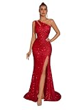Evening Gowns Formal Dresses for Women Cocktail Party Sequin Tulle Sexy One Shoulder Floor Length Prom Wedding Guest Dress Red M