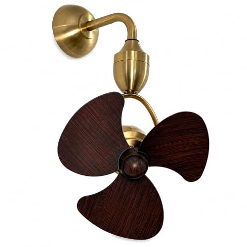 Image of OLTAO Nova 14-Inch Designer Wall Premium Deluxe Fan with Wooden Blades - Silent Operation & Oscillation- Wall and ceiling attachment included (Antique brushed gold)