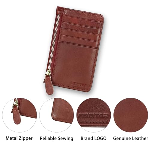 Genuine Leather Slim Wallet for Women and Men Credit Card Holder with RFlD Blocking Vintage Full Grain Leather Zip Purse Card Cases Money Clip (Red)4