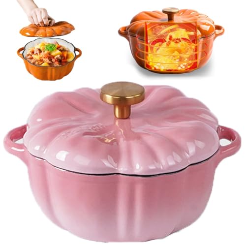 Enameled Cast Iron Pumpkin Dutch Ovens, Covered Dutch Oven Stockpot Baking Dish, Pumpkin Casserole Fall Thanksgiving Decor, 4-Quart Enameled Iron Pot, Non-Stick, Stew, Holds 3-5 Servings(Pink-1.5L)